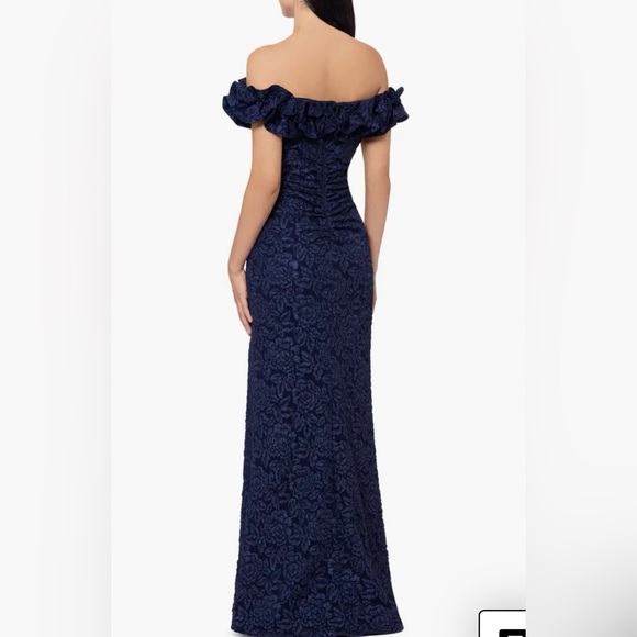 Xscape Evenings Ruffle Off the Shoulder Brocade Gown - Picture 2 of 5